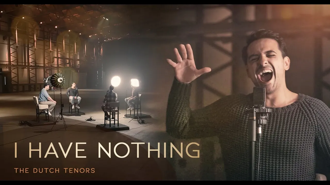 Thumbnail voor 'I Have Nothing' door The Dutch Tenors. Links de vier zangers in een sfeervolle studio; rechts een emotionele close-up van Jonathan bij een microfoon.